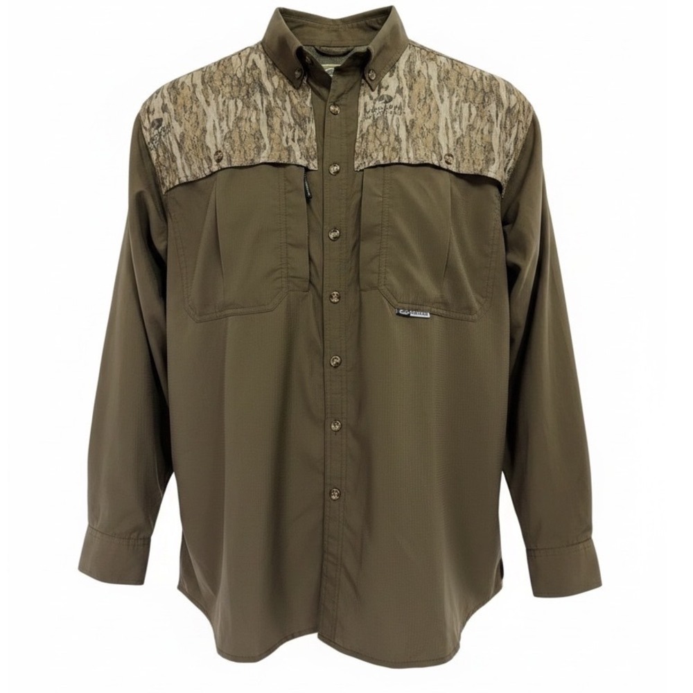 Drake Waterfowl Mens Medium Mossy Oak Bottomland Camo Vented Fishing Shirt M23)
